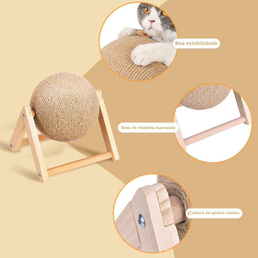 Arranhador com bola interativa em sisal e base de madeira - Miauverso