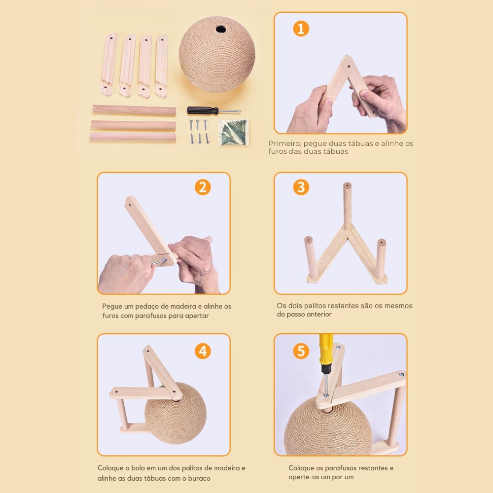 Arranhador com bola interativa em sisal e base de madeira - Miauverso