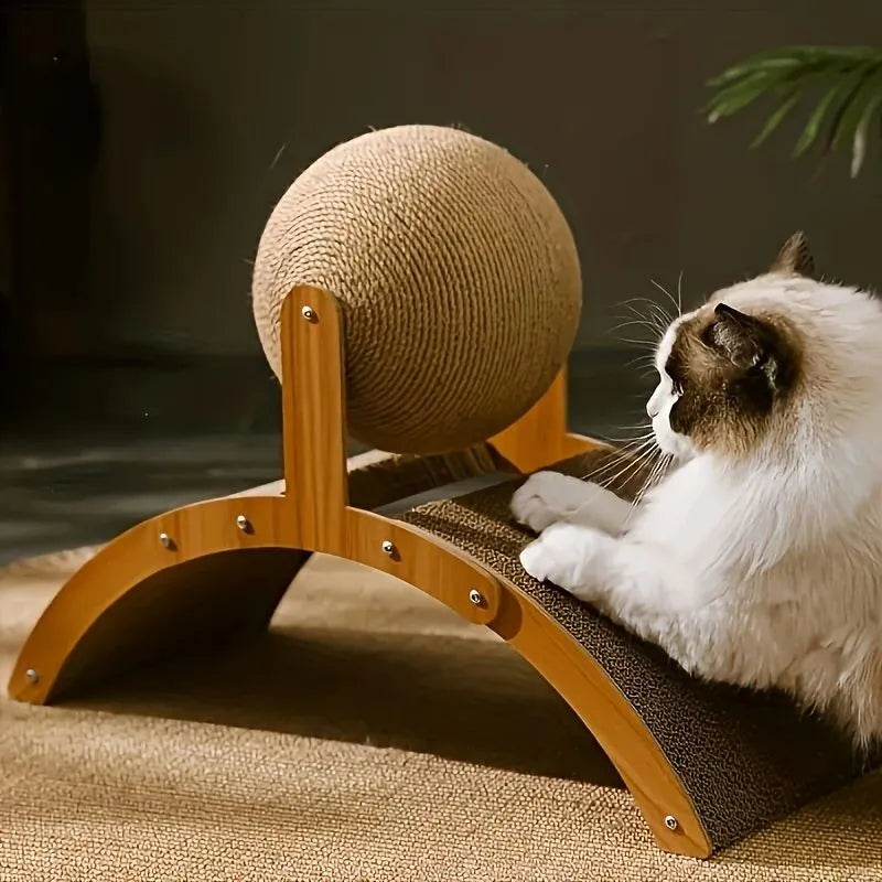 Arranhador de Madeira 2 em 1 com Bola Interativa e Coluna de Sisal para Gatos - Miauverso