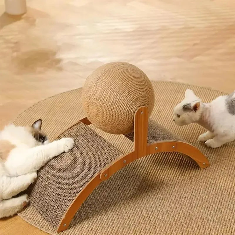 Arranhador de Madeira 2 em 1 com Bola Interativa e Coluna de Sisal para Gatos - Miauverso