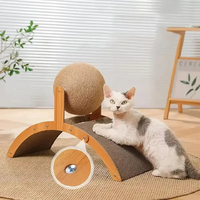 Arranhador de Madeira 2 em 1 com Bola Interativa e Coluna de Sisal para Gatos - Miauverso