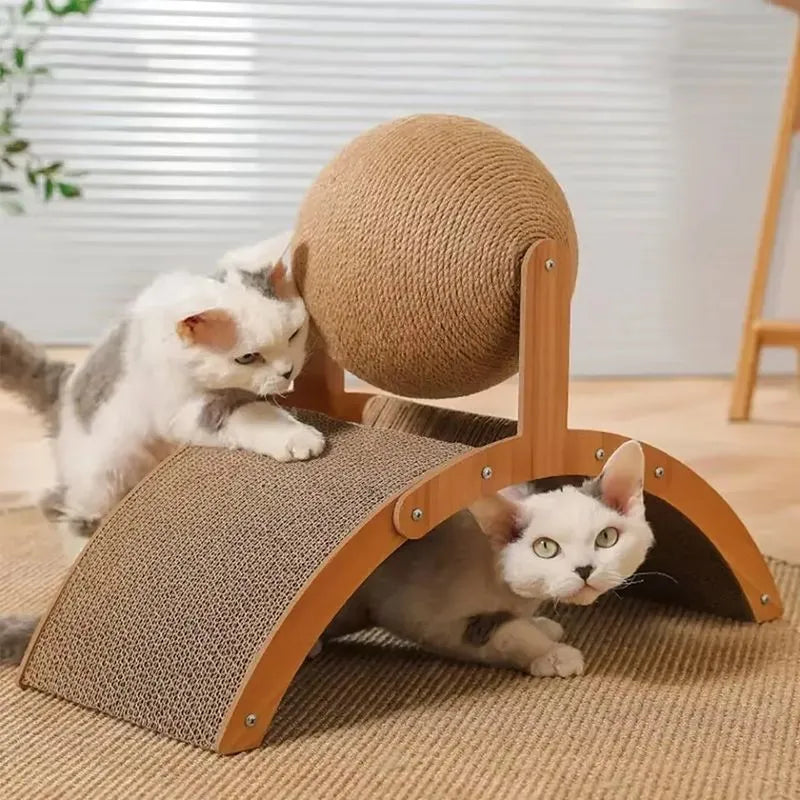 Arranhador de Madeira 2 em 1 com Bola Interativa e Coluna de Sisal para Gatos - Miauverso